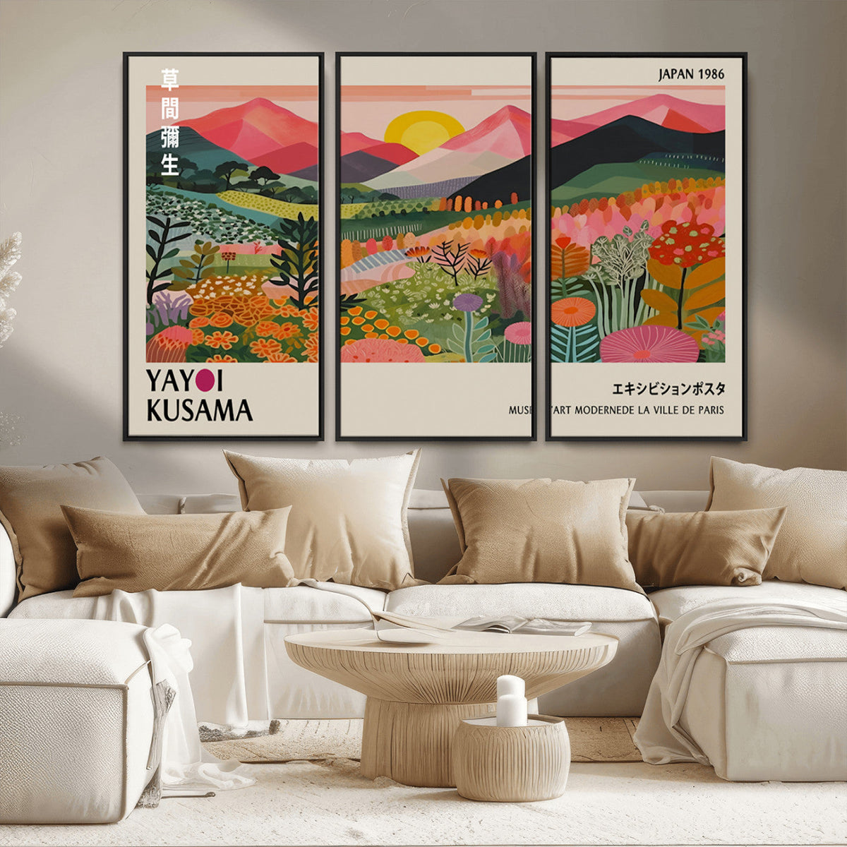Yayoi Kusama Landscape Canvas Print, Vibrant Floral Mountain Art Print, Framed Botanical Wall Art -