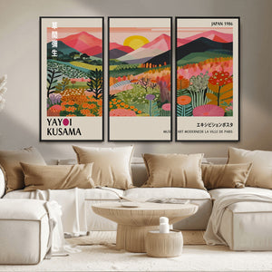 Yayoi Kusama Landscape Canvas Print, Vibrant Floral Mountain Art Print, Framed Botanical Wall Art -