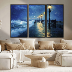 Storm Ocean Pier Canvas Wall Art Print - Large Moody Night