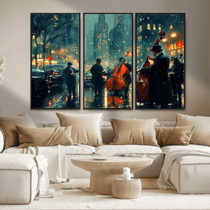 Urban Night Jazz Wall Art Canvas Print – Moody Rain-Soaked