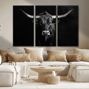 Texas Longhorn Wall Art Canvas Print – Framed Monochrome