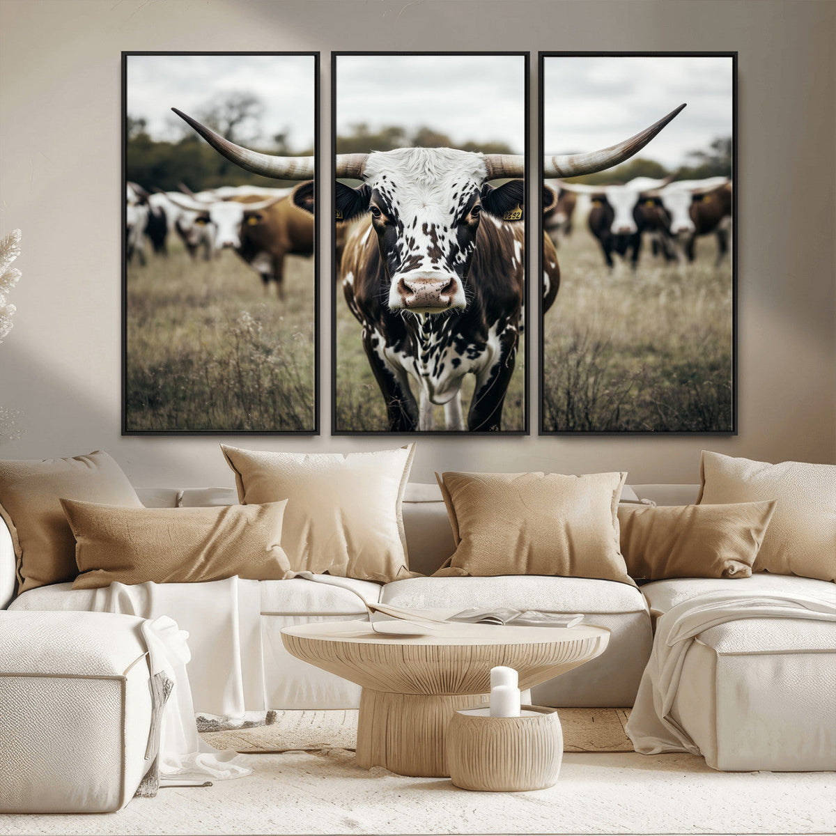 Texas Longhorn Wall Art – Framed Speckled Cow Canvas