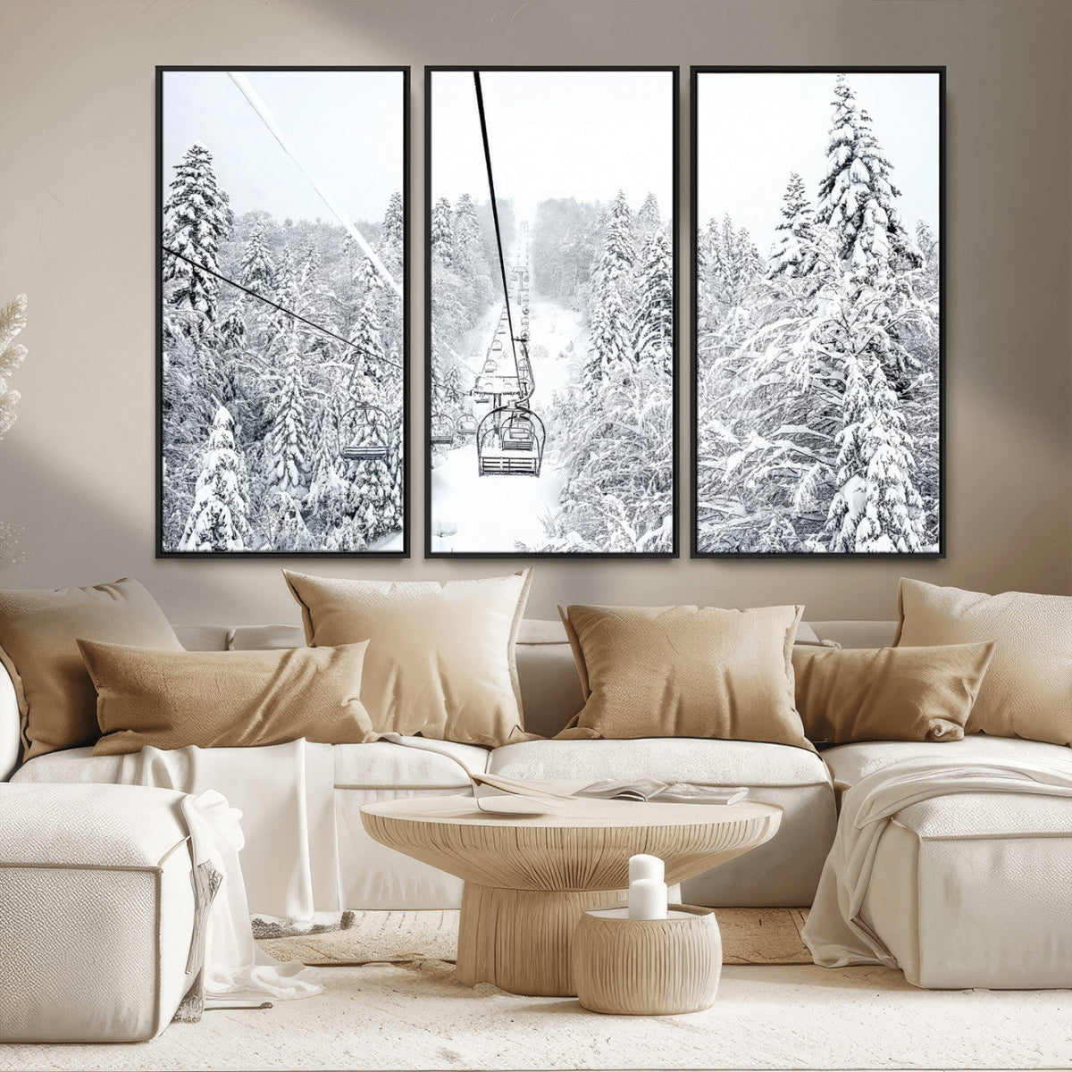 Snowy Ski Lift Wall Art – Framed Winter Mountain Canvas