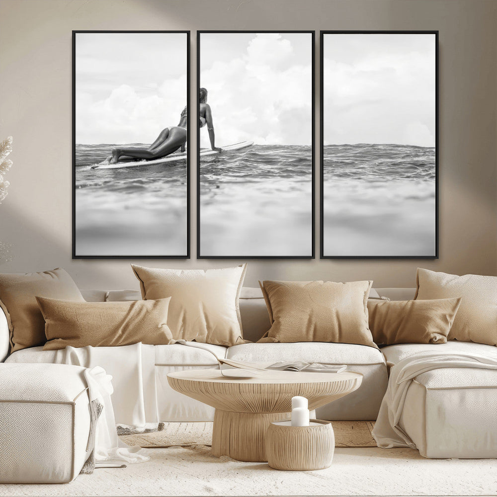 Black and White Surfing Wall Art Canvas Print – Framed Ocean