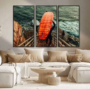 Surfer Stairway Wall Art – Framed Ocean Surf Canvas Artwork,