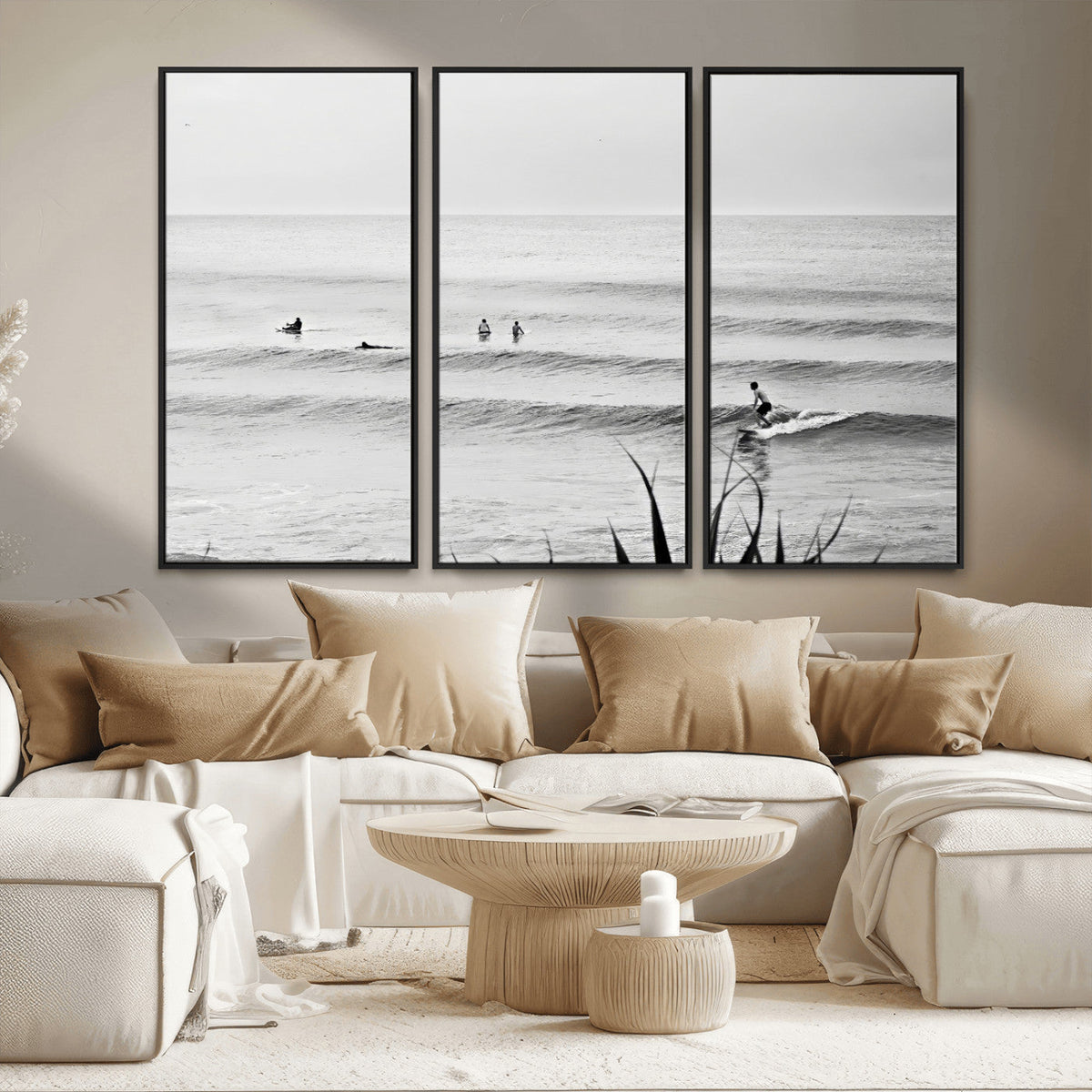 Surfer Silhouette Wall Art – Framed Calm Ocean Canvas