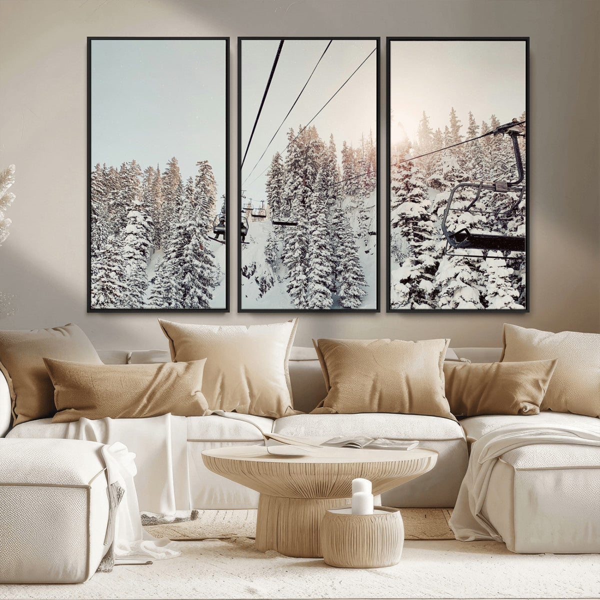 Frosty Pines Wall Art Canvas Print – Framed Cozy Cabin Ski