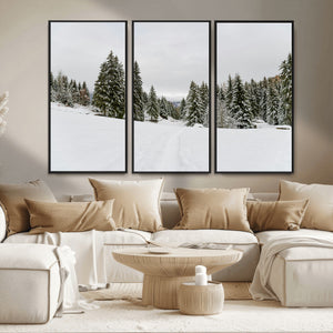 Frosty Pines Wall Art Canvas Print – Framed Silent Snowfall
