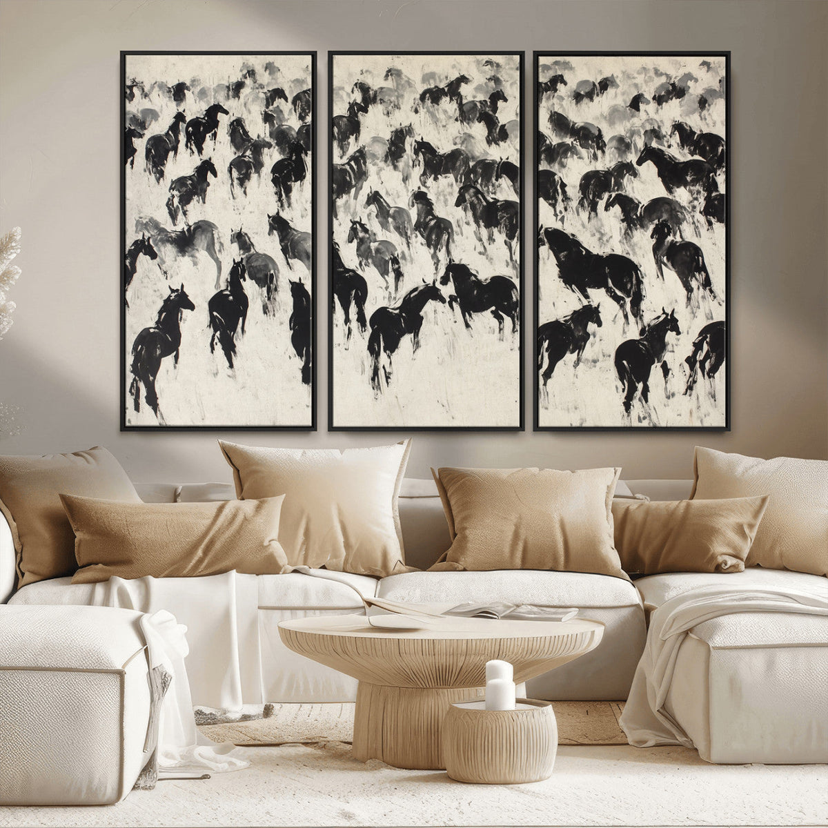 Wild Horse Stampede Wall Art Canvas Print – Monochrome