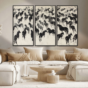Wild Horse Stampede Wall Art Canvas Print – Monochrome