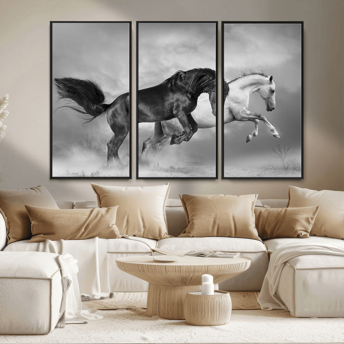 Wild Horses Wall Art Canvas Print – Framed Black and White