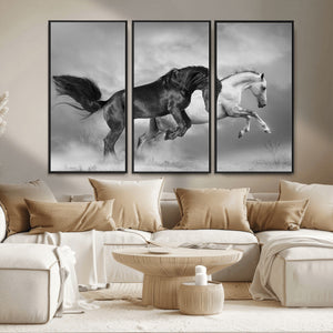 Wild Horses Wall Art Canvas Print – Framed Black and White