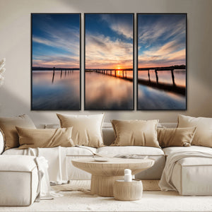 Wooden Pier on Seascape and Sunset Wall Art Canvas Print