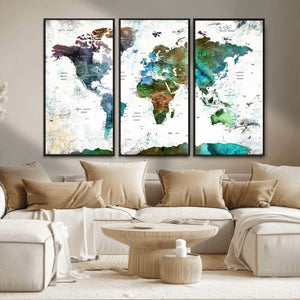 Modern Watercolor World Map Canvas Wall Art – Framed