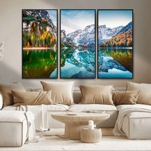 Spectacular autumn view of Braies Lake Wall Art Canvas Print