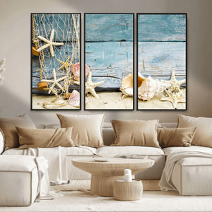 Seashells on Rustic Wooden Background, Seashells Wall Art