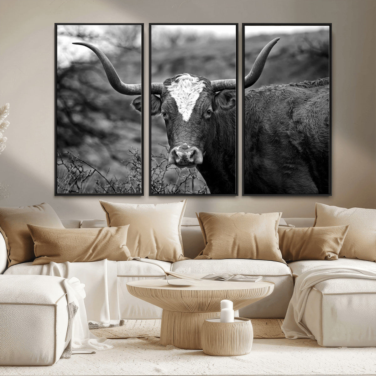 Western Home Wall Art Canvas Print, Framed Texas Longhorn