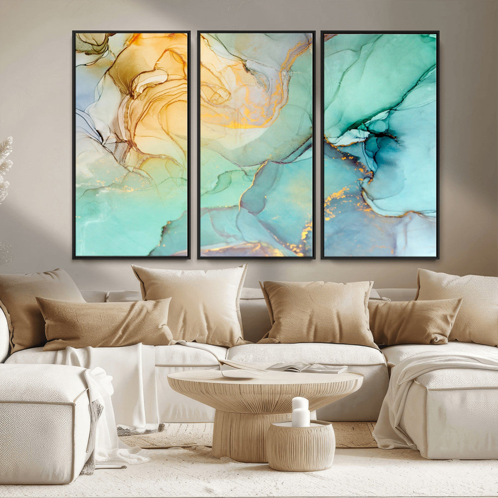 Abstract Aqua and Gold Fluid Wall Art Canvas | 3 Panel Large