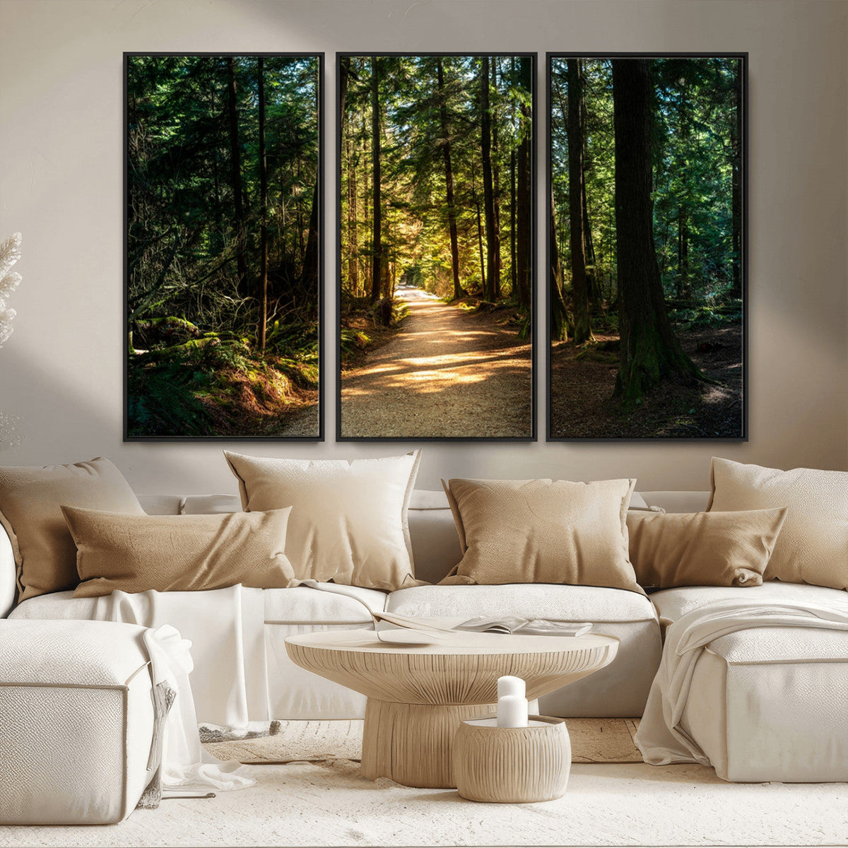Sunlit Forest Pathway Canvas Print | 3 Panel Large Nature