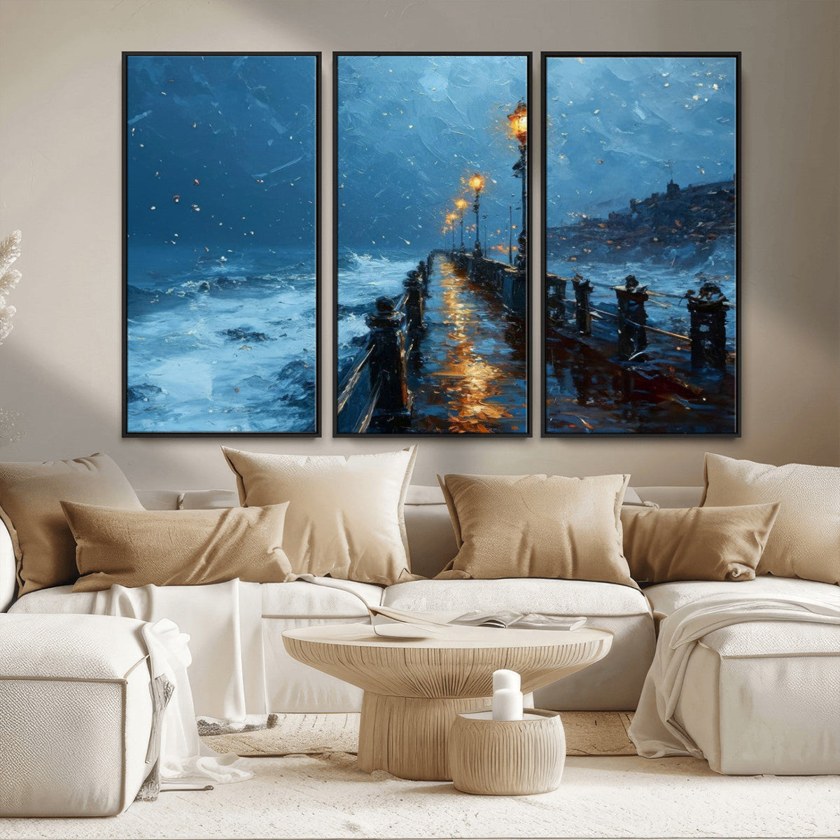 Stormy Night at Beach Pier Oil Painting Large Wall Art