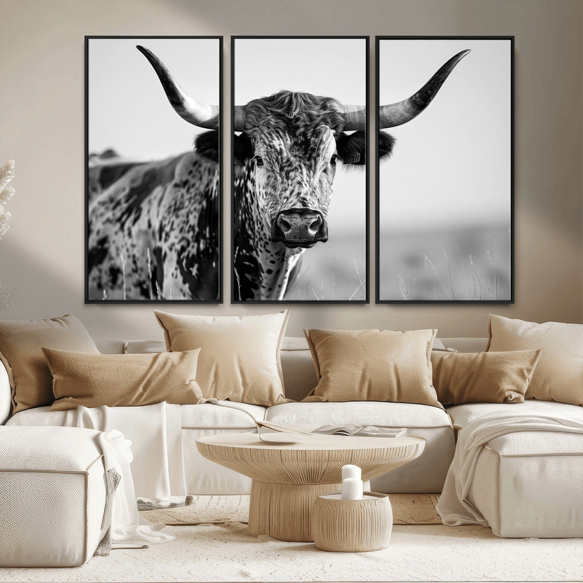 Texas Highland Cow Longhorn Canvas Print - Rustic Farmhouse