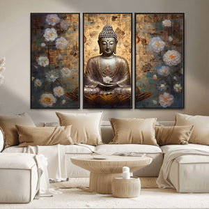 Golden Buddha Wall Art Canvas Print | Zen Meditation Floral