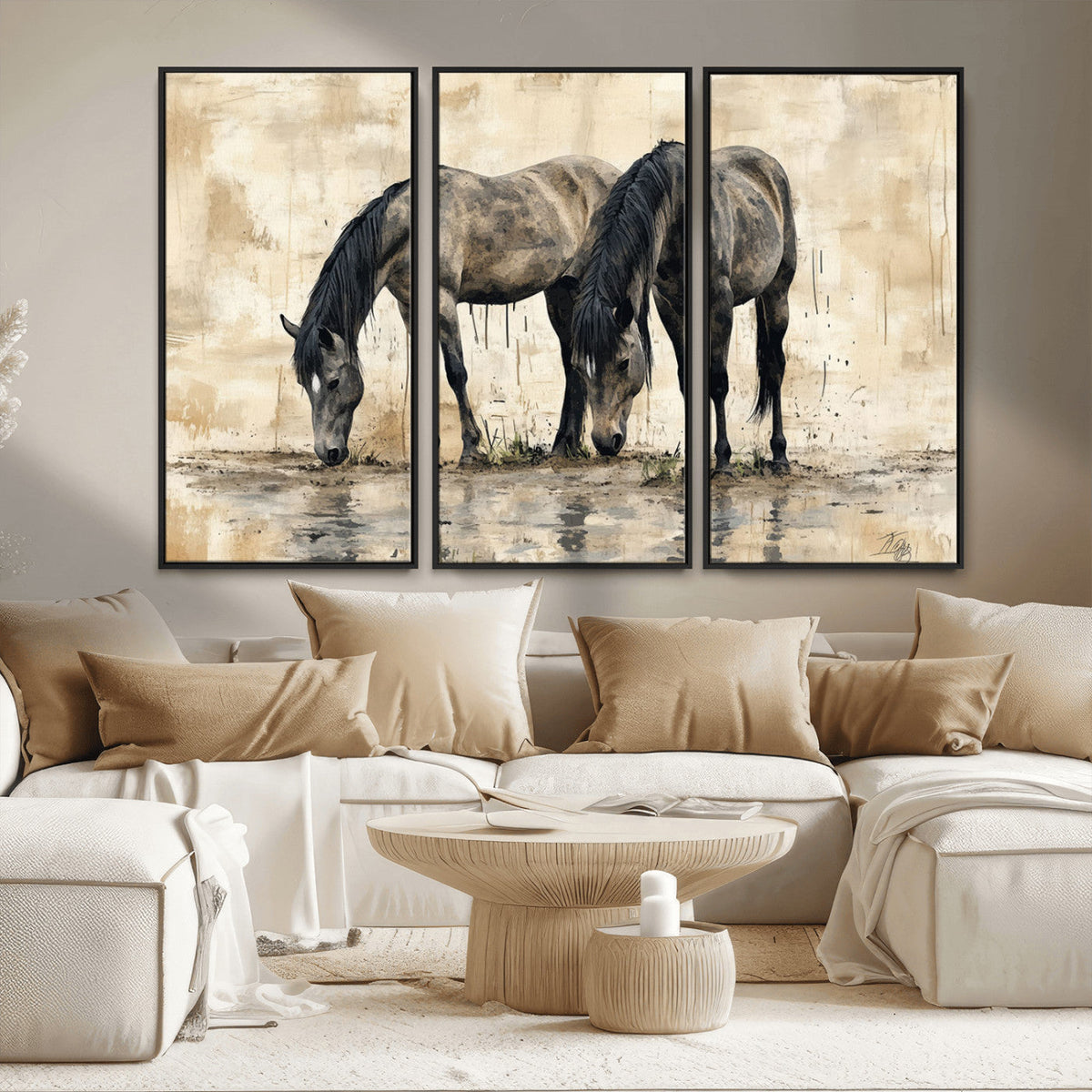 Chinese Style Abstract Black Horses Wall Art Canvas Print -