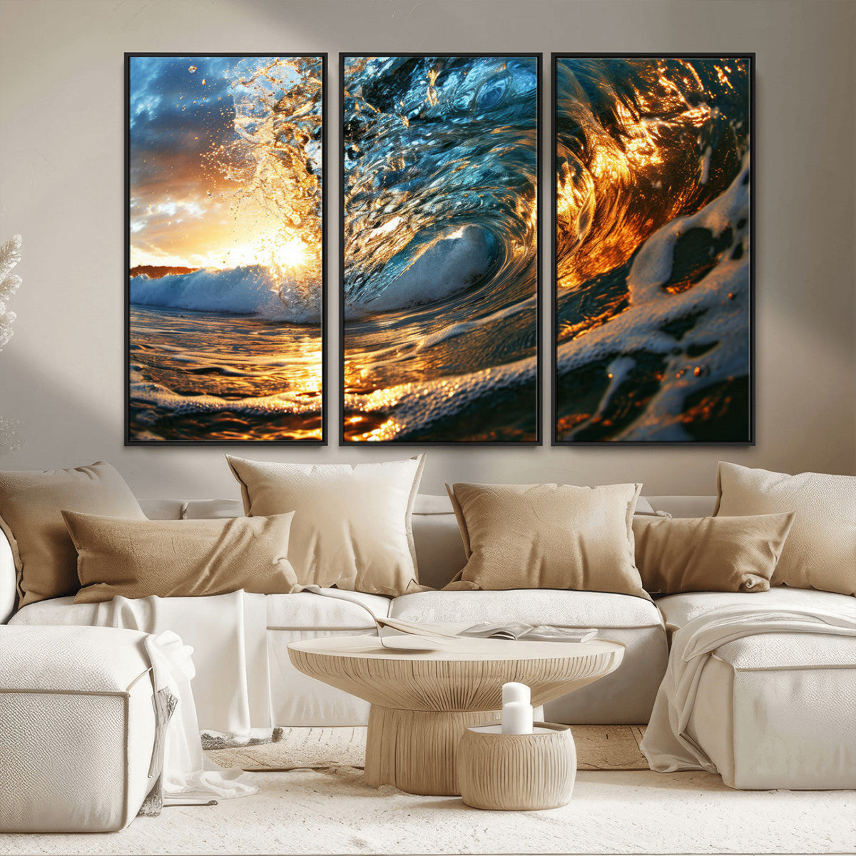 Ocean Wave at Sunset Canvas Wall Art – Vibrant Coastal Beach