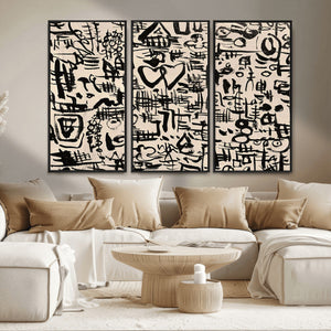 Abstract Love and Chaos Canvas Print, Black Symbols on Beige