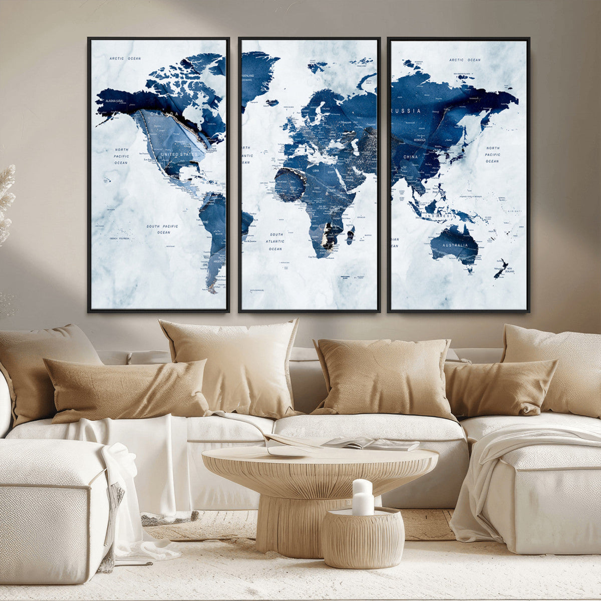 Modern Blue World Map Canvas Print – Framed Wall Art,