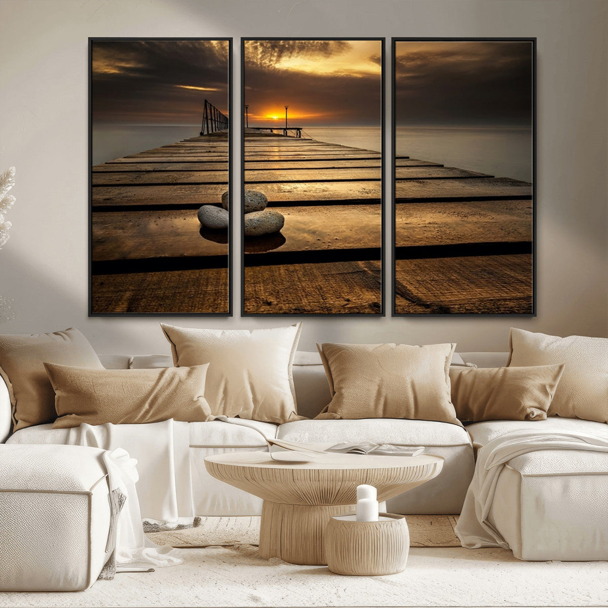 Stones on Wooden Pier at Sunset Canvas Print, Serene Coastal