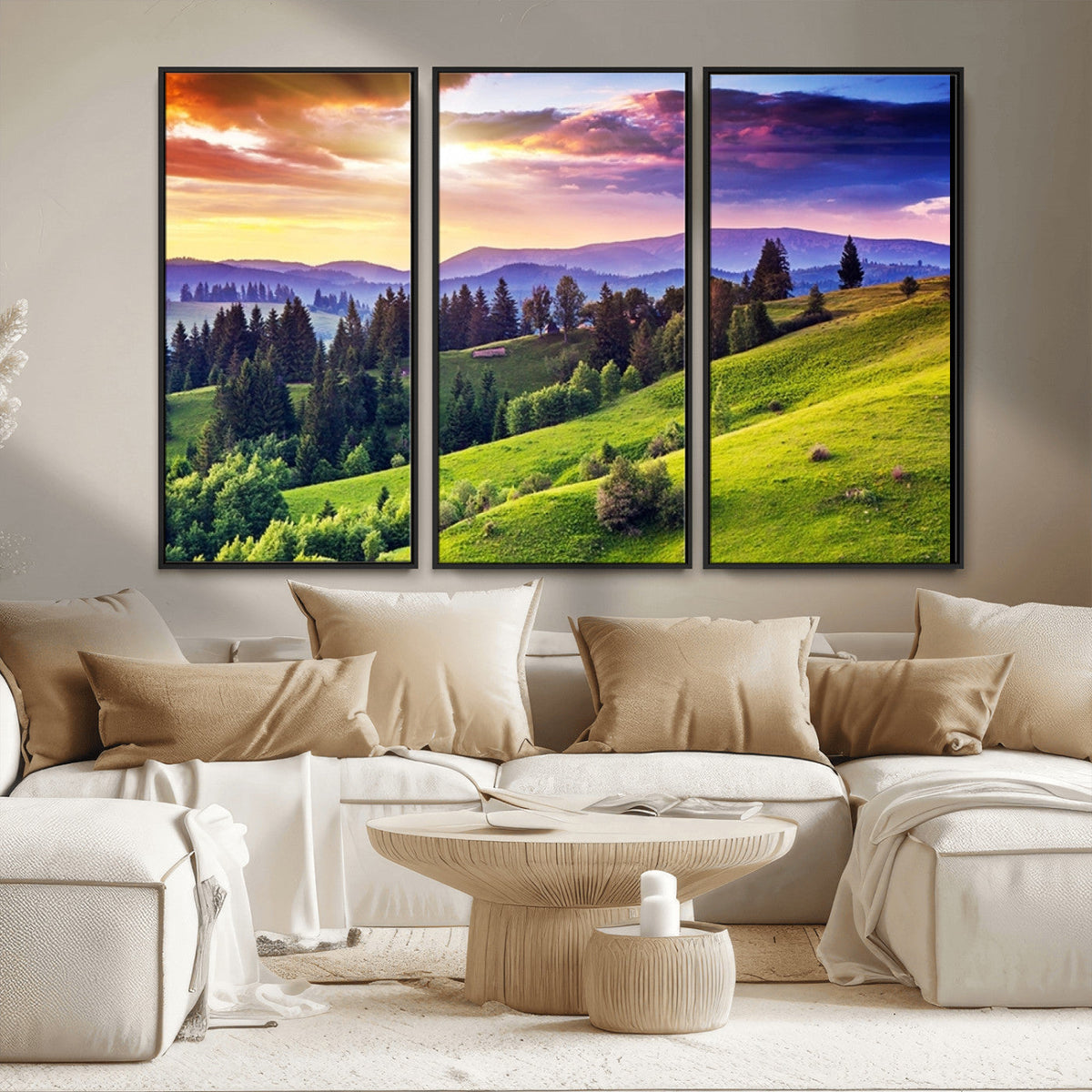 Green Hills and Sunset Wall Art Print - Scenic Landscape