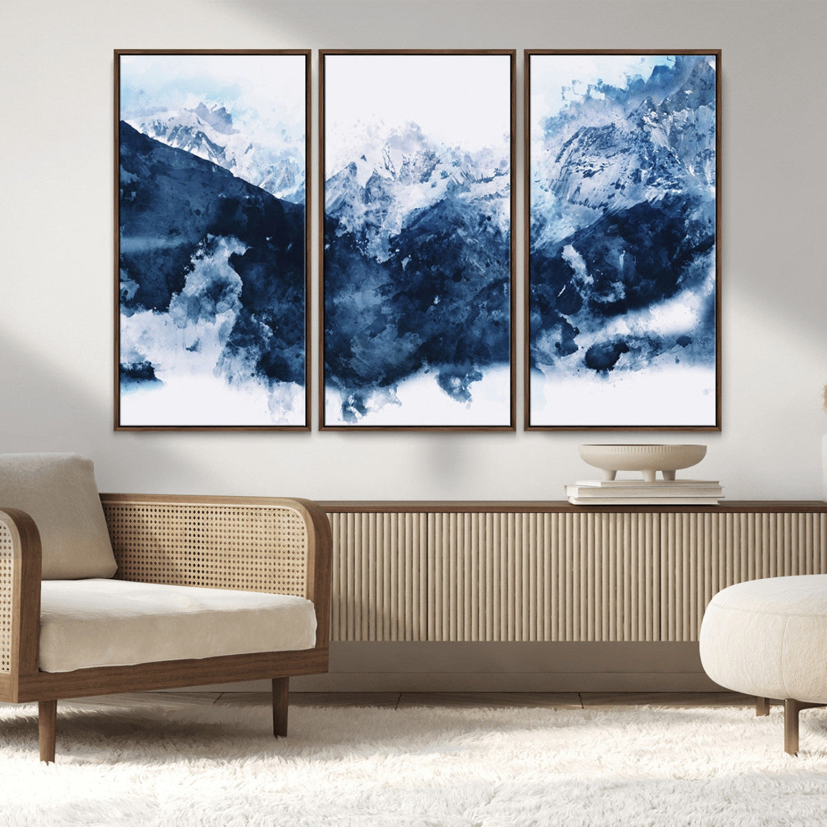 Abstract Blue Mountain Canvas Wall Art – Modern Triptych