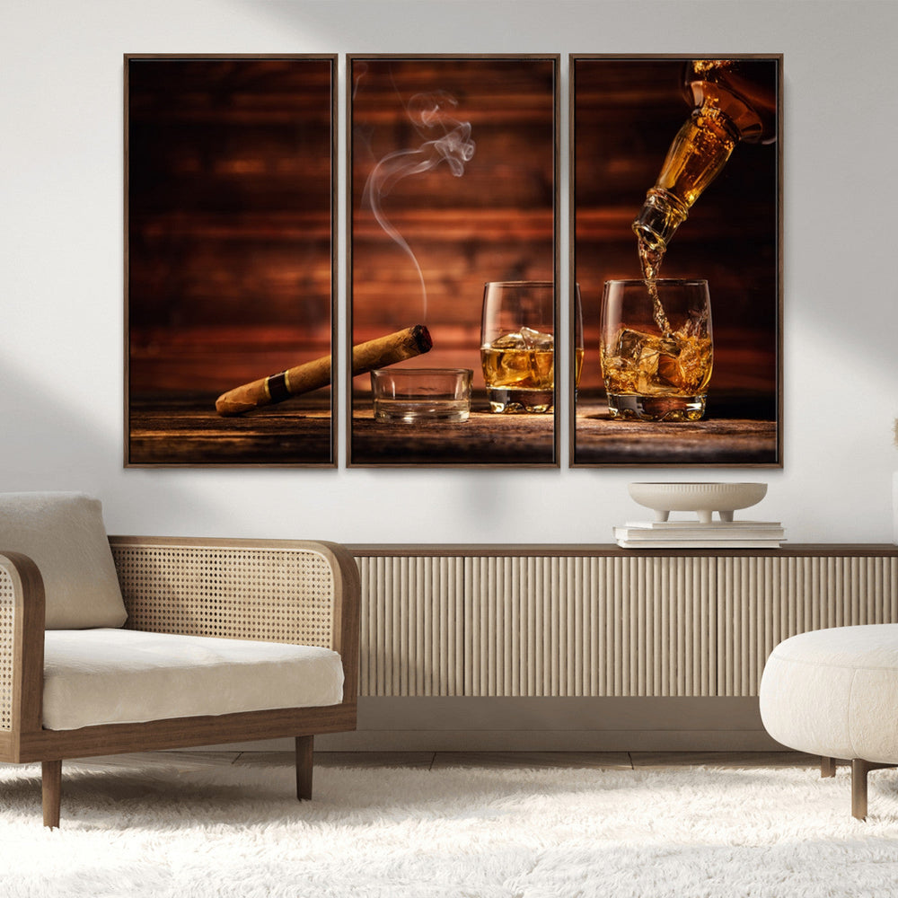 Whiskey and Cigar Wall Art Canvas | 3 Panel Bar Room Decor