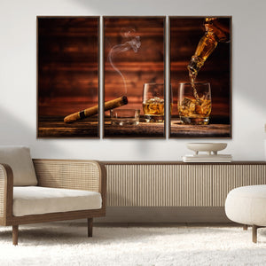 Whiskey and Cigar Wall Art Canvas | 3 Panel Bar Room Decor