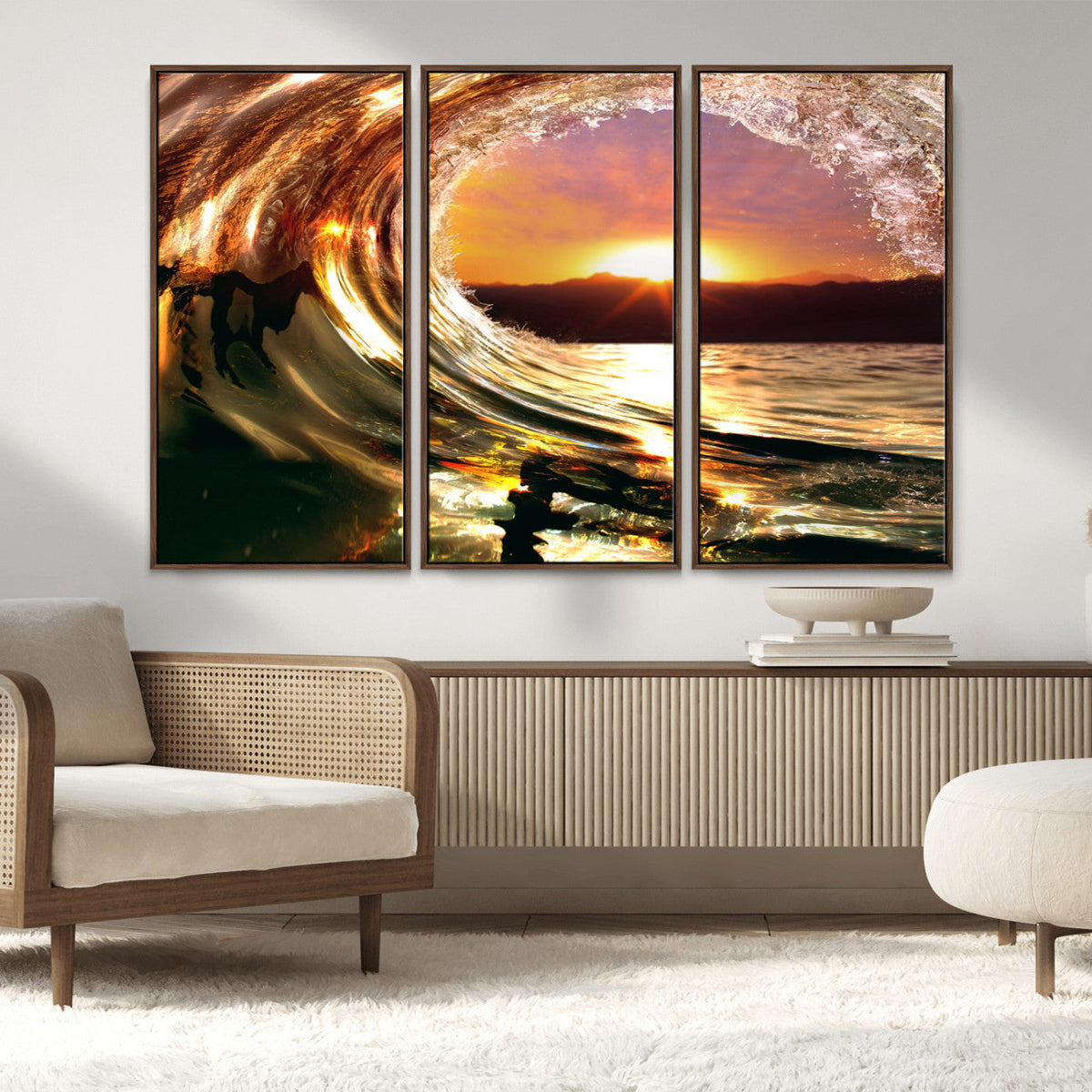 Golden Wave Sunset Triptych Canvas Art, Giclee Canvas Print