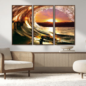 Golden Wave Sunset Triptych Canvas Art, Giclee Canvas Print