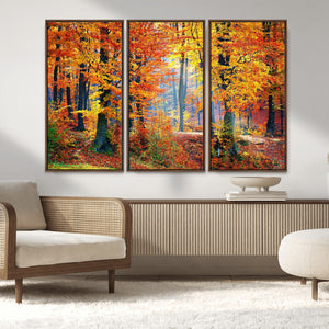 Autumn Red Forest Triptych Canvas Wall Art Print, Forest