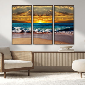 Ocean Sunrise Over Golden Beach Waves, Giclee Canvas Wall