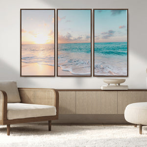 Tranquil Ocean Beach Sunset Canvas Wall Art | 3-Panel