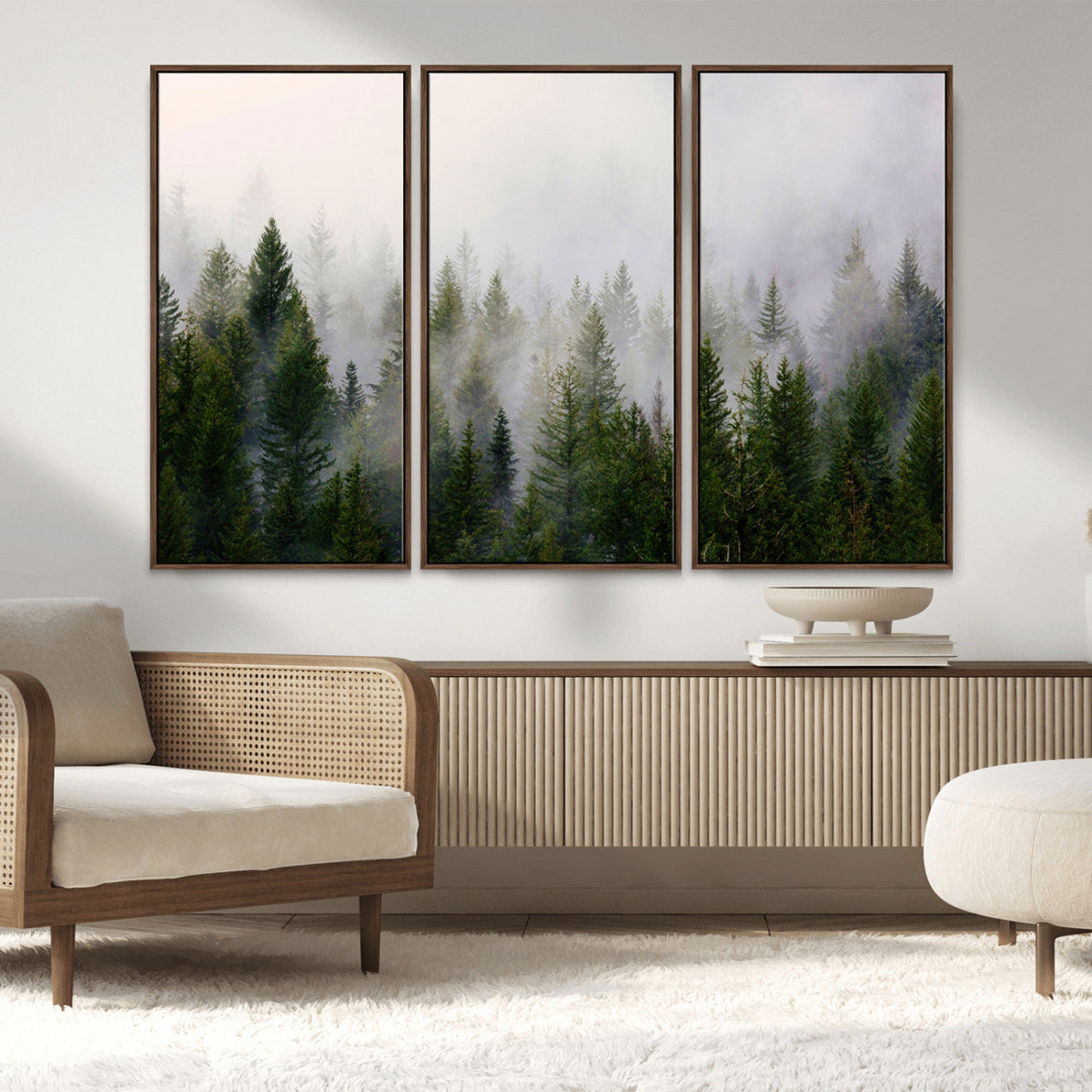 Misty Pine Forest Wall Art Canvas Print | 3 Panel Green