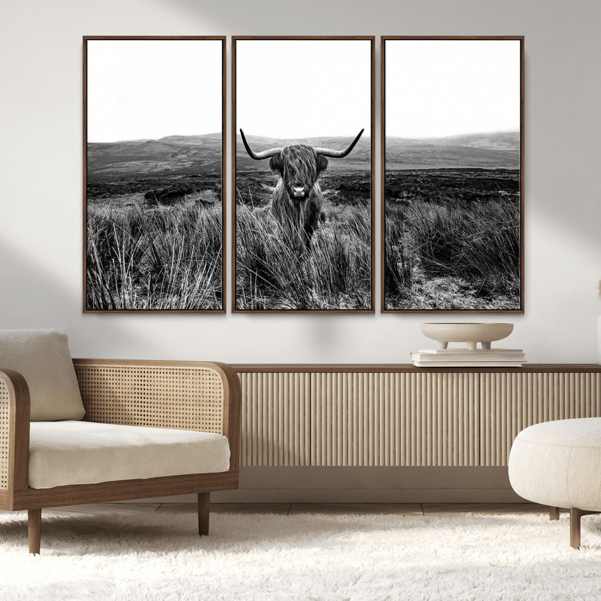 Black and White Highland Cow Canvas Wall Art, Longhorn