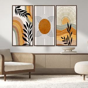 Modern Boho Sun and Leaf Abstract Art – 3-Panel Giclée