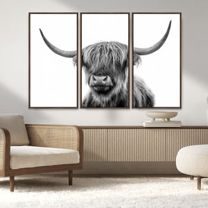 Grayscale Scottish Highland Cow Cattle Art Print Farmhouse