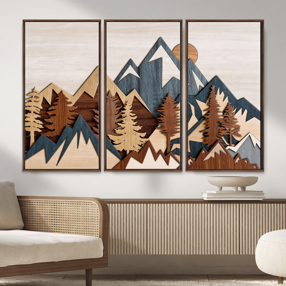 Rustic Abstract Wood Panel Effect Canvas Mountain Range Top