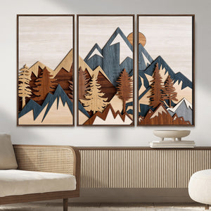 Rustic Abstract Wood Panel Effect Canvas Mountain Range Top