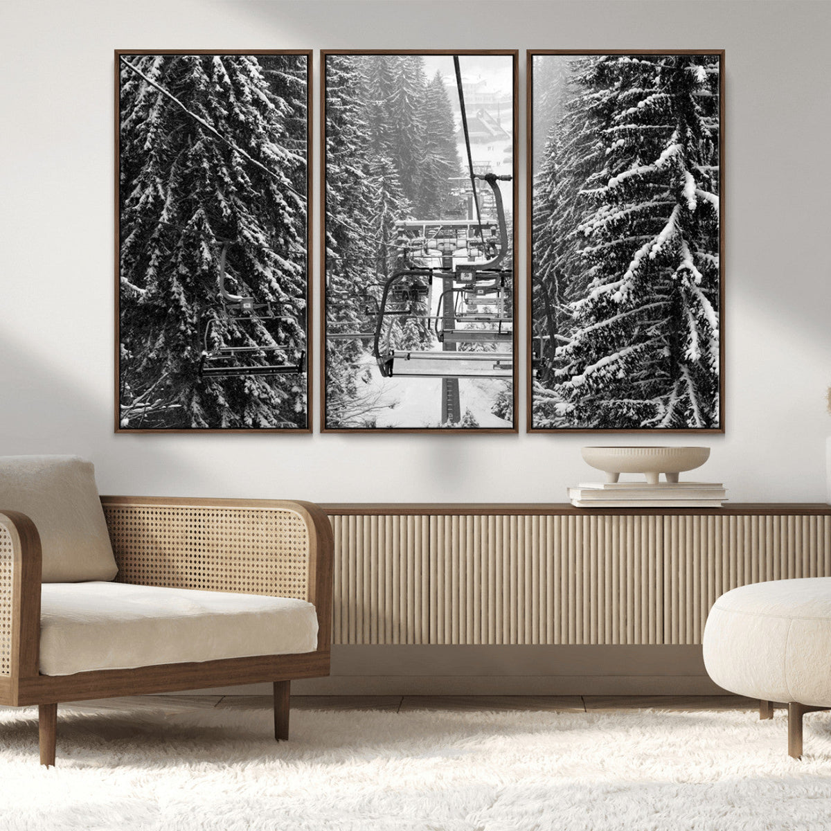Winter Ski Lift Black and White Canvas Wall Art – Alpine