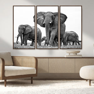 Black White Elephant Family Wall Art Canvas Print