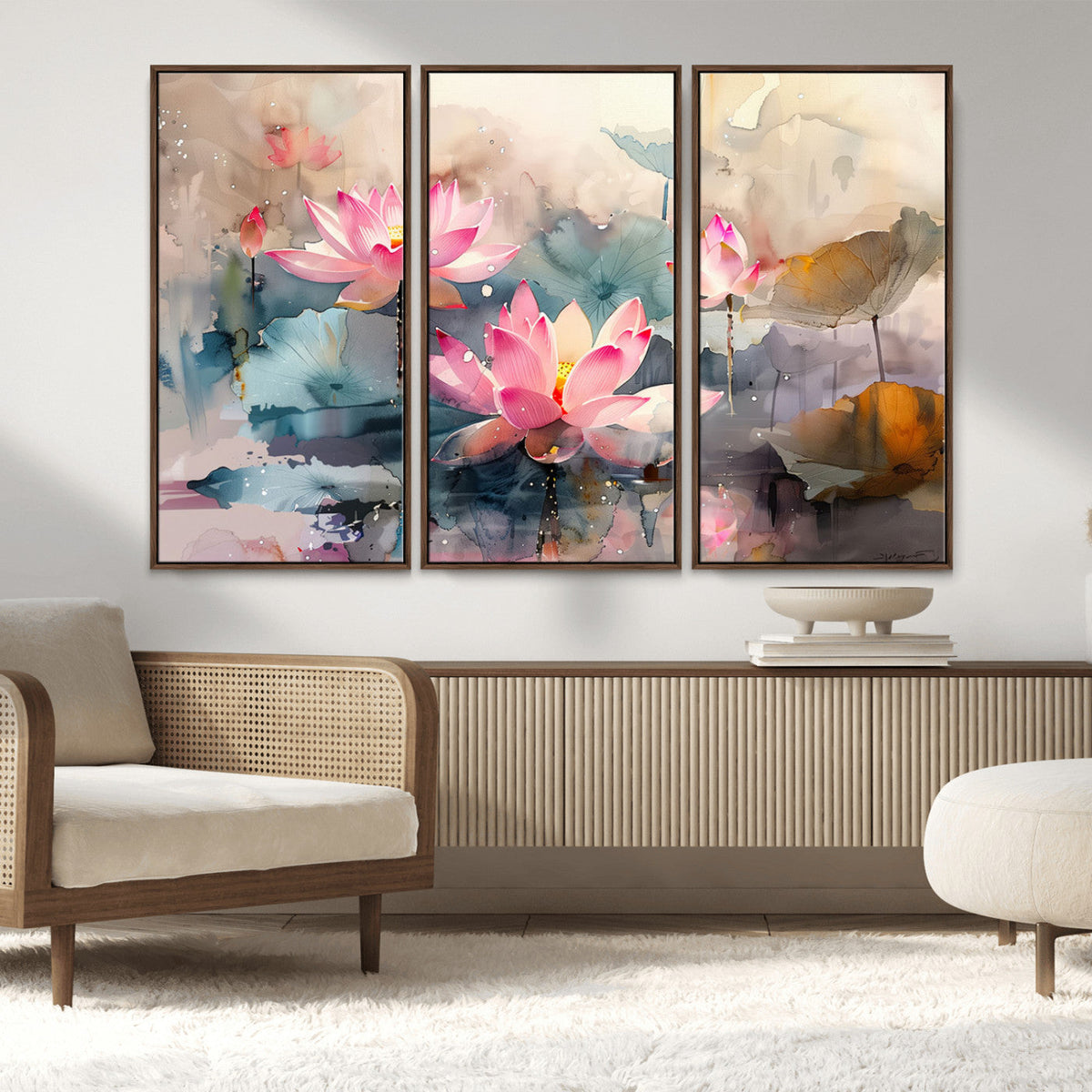 Lotus Flower Wall Art | 3-Panel Giclee Canvas Print of Pink