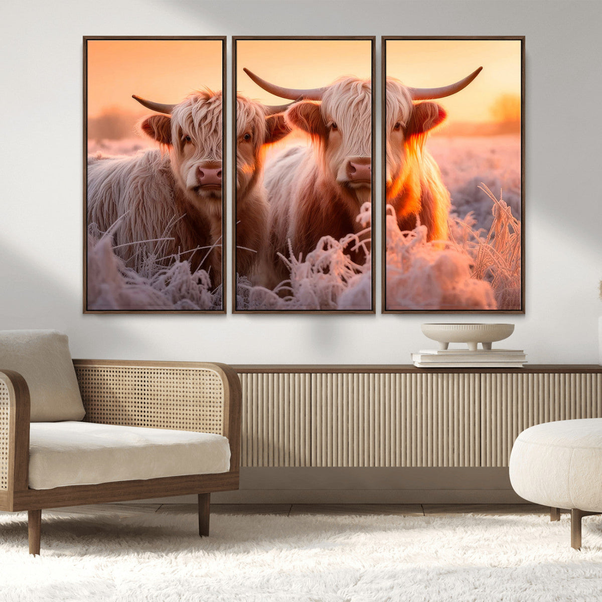 Highland Cows at Sunrise Wall Art Canvas Set – Serene and